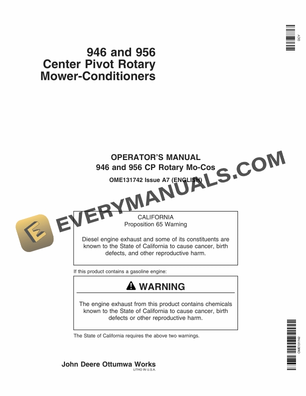 John Deere 946 and 956 Center Pivot Rotary Mower Conditioner Operator Manual OME131742 1