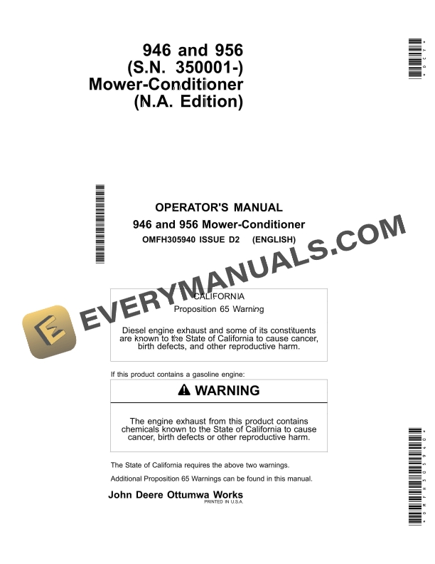 John Deere 946 and 956 Mower Conditioner Operator Manual OMFH305940 1