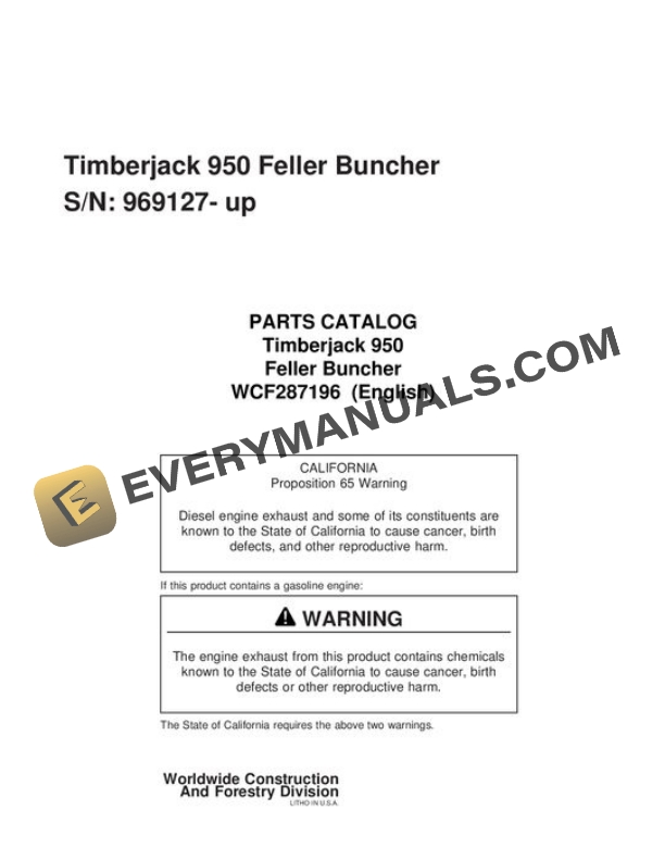 John Deere 950 Feller Buncher Parts Catalog WCF287196