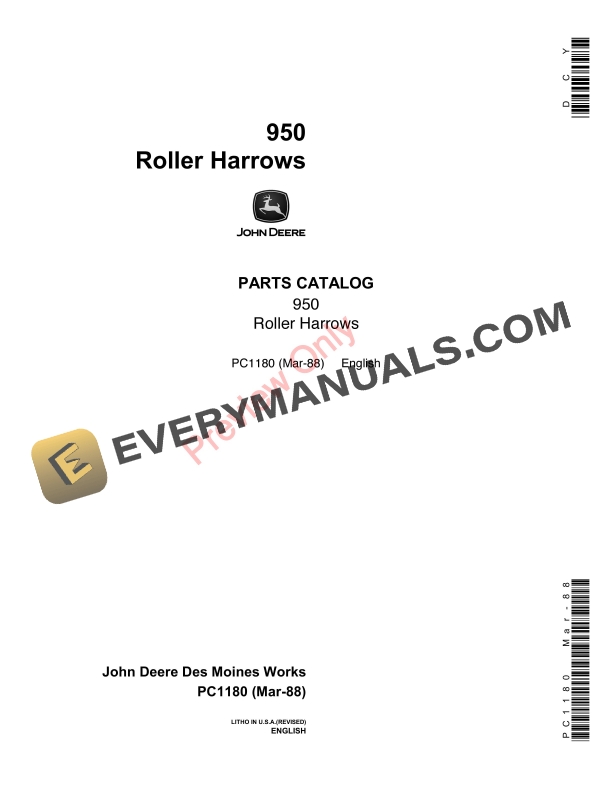 John Deere 950 Roller Harrow Parts Catalog PC1180 03MAR88