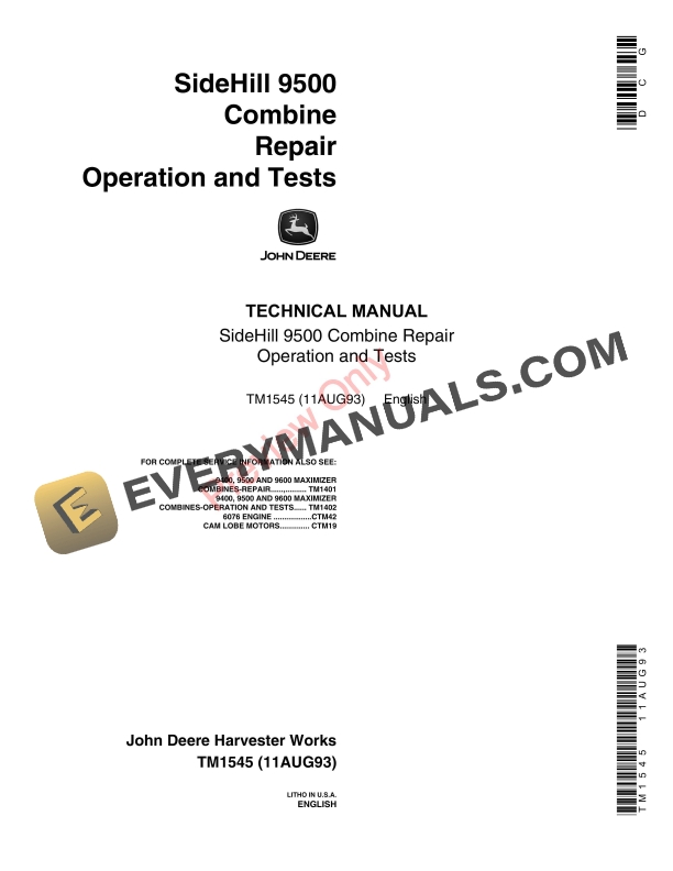 John Deere 9500 Sidehill Combine Technical Manual TM1545 11AUG93 1