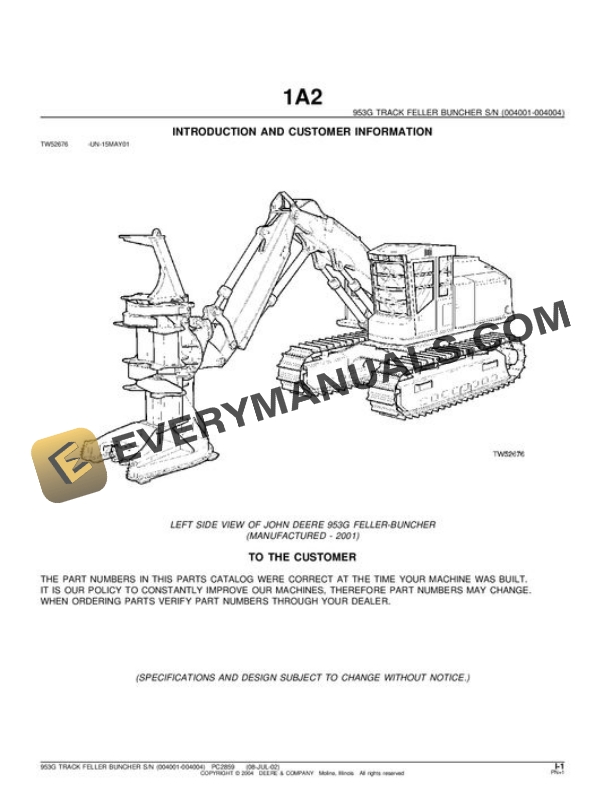 John Deere 953G Feller Buncher Parts Catalog PC2859 2 John Deere 953G Feller Buncher Parts Catalog PC2859 10BA1294 09003