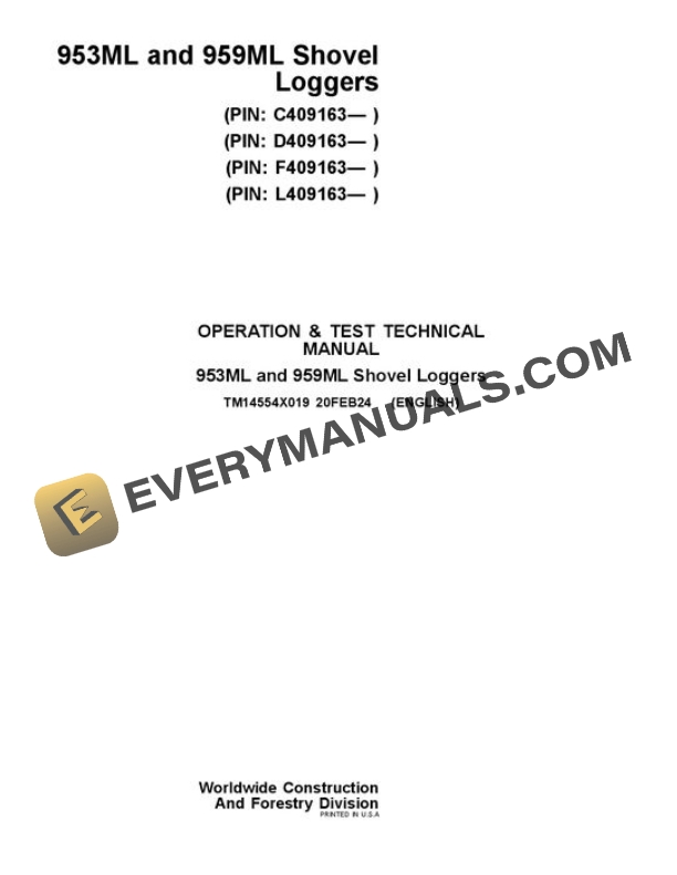 John Deere 953ML 959ML Shovel Logger Test Manual TM14554X019