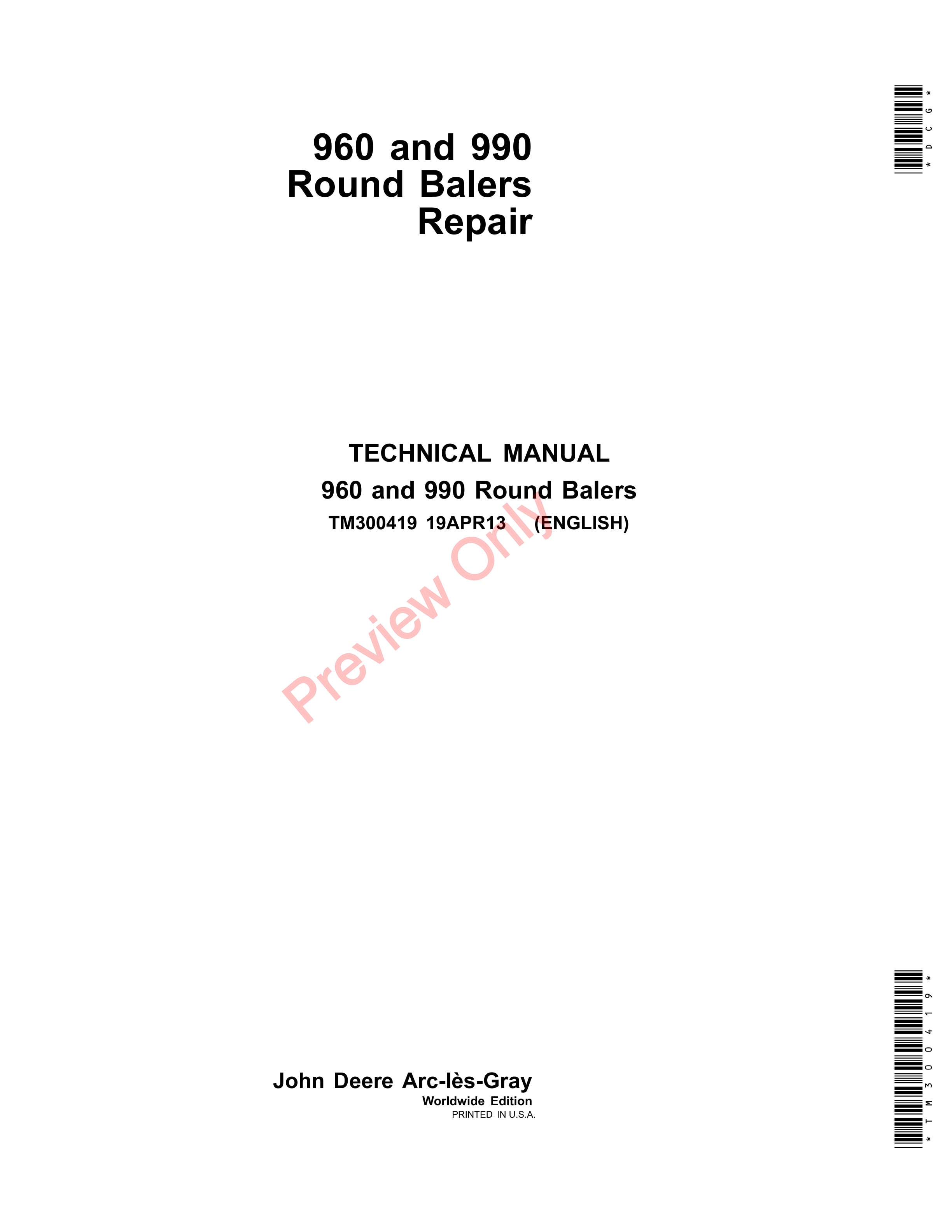 John Deere 960 and 990 Round Balers Technical Manual TM300419 19APR13 1