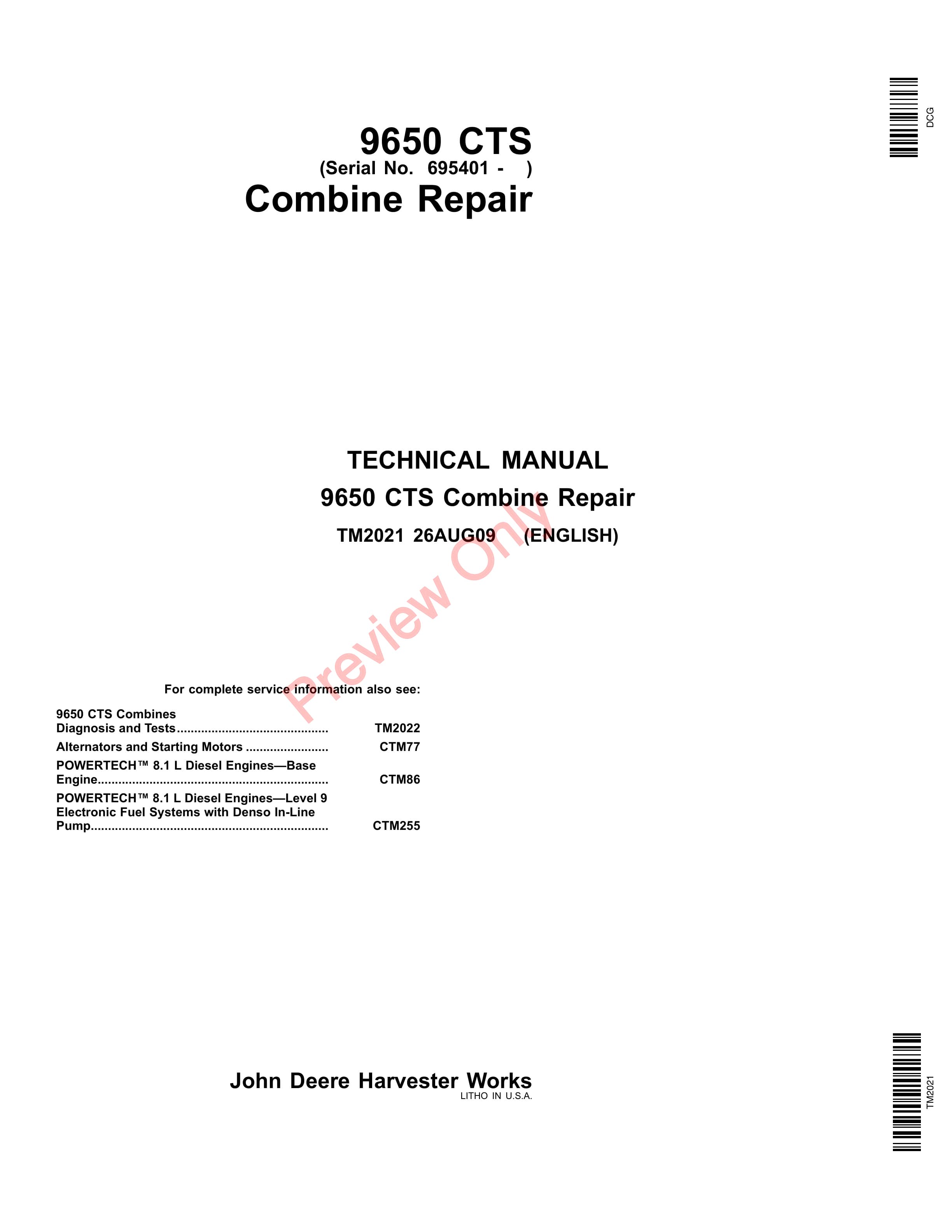 John Deere 9650 CTS Combine Technical Manual TM2021 26AUG09 1