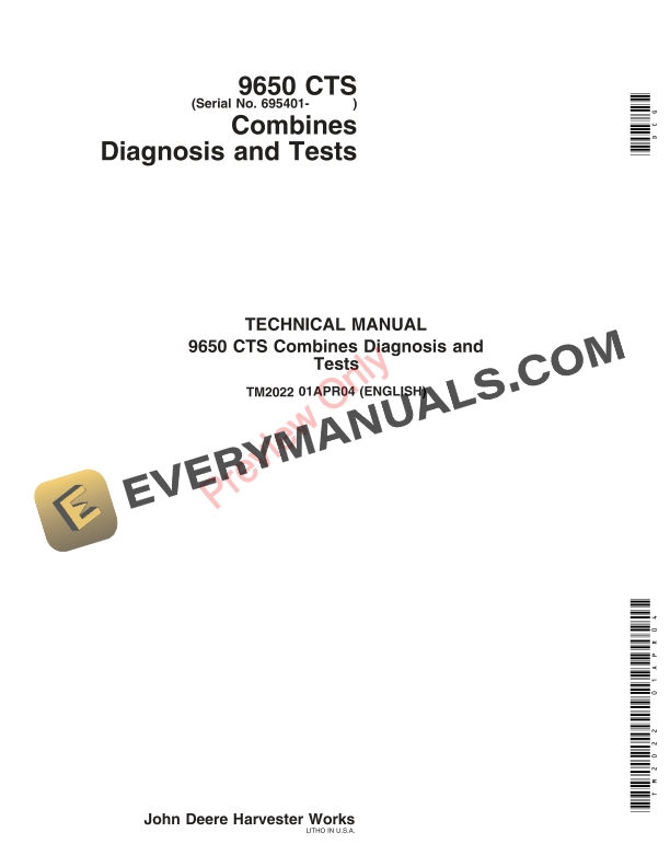 John Deere 9650 CTS Combine Technical Manual TM2022 01APR04 1