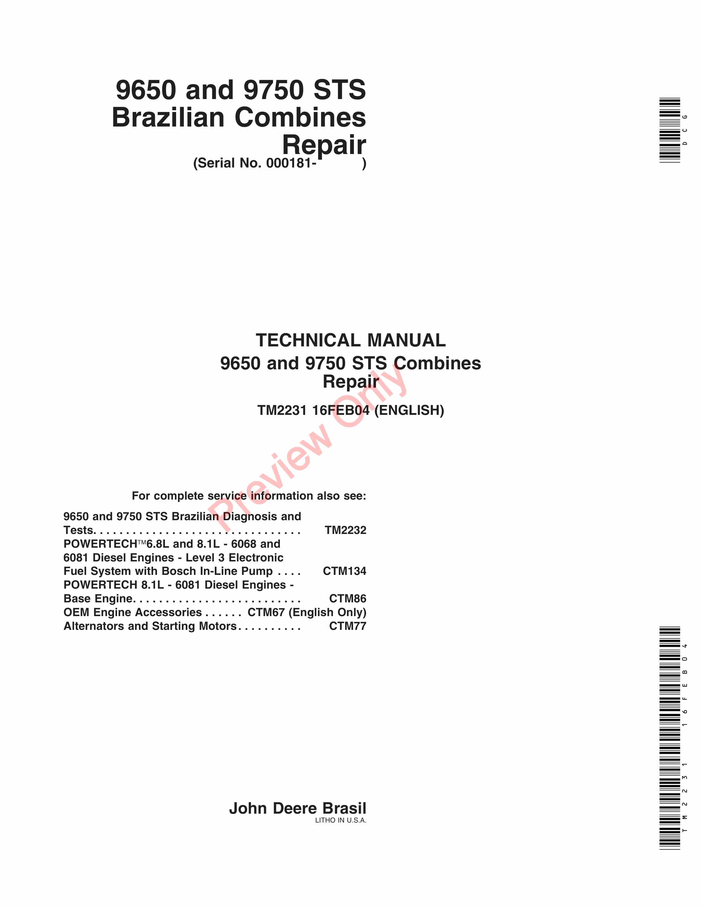 John Deere 9650 STS 9750 STS Brazilian Combines Technical Manual TM2231 16FEB04 1