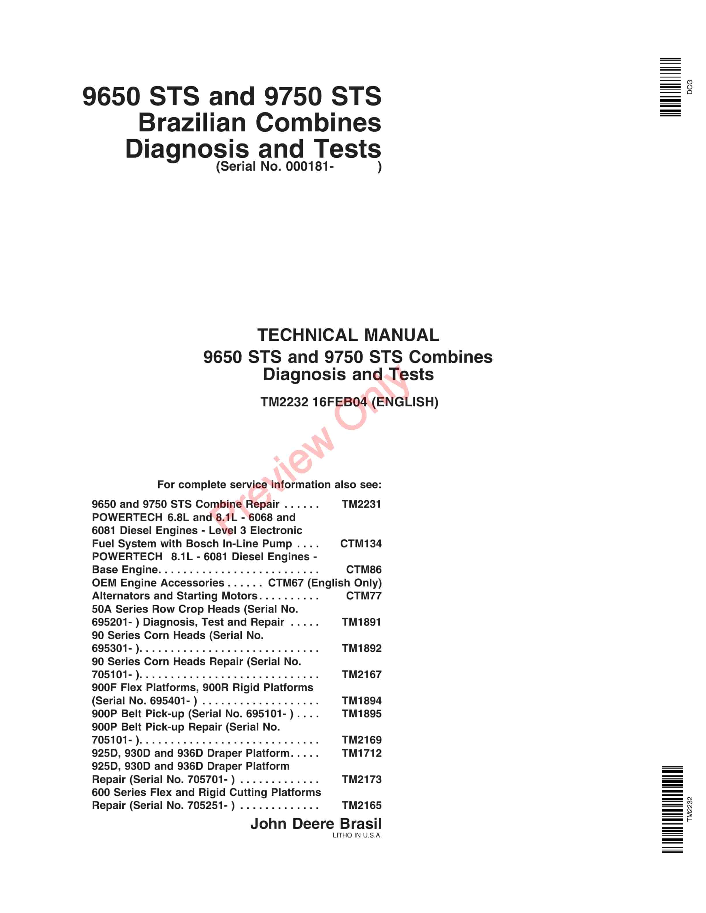 John Deere 9650 STS 9750 STS Brazilian Combines Technical Manual TM2232 16FEB04 1