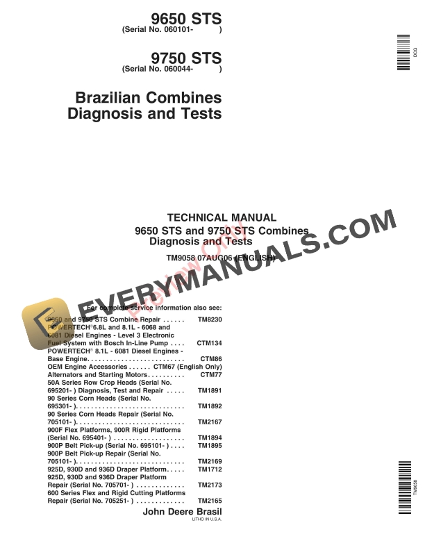John Deere 9650STS 9750STS Combines Technical Manual TM9058 07AUG06 1