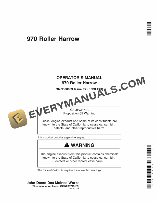 John Deere 970 Roller Harrow Operator Manual OMN300063 1