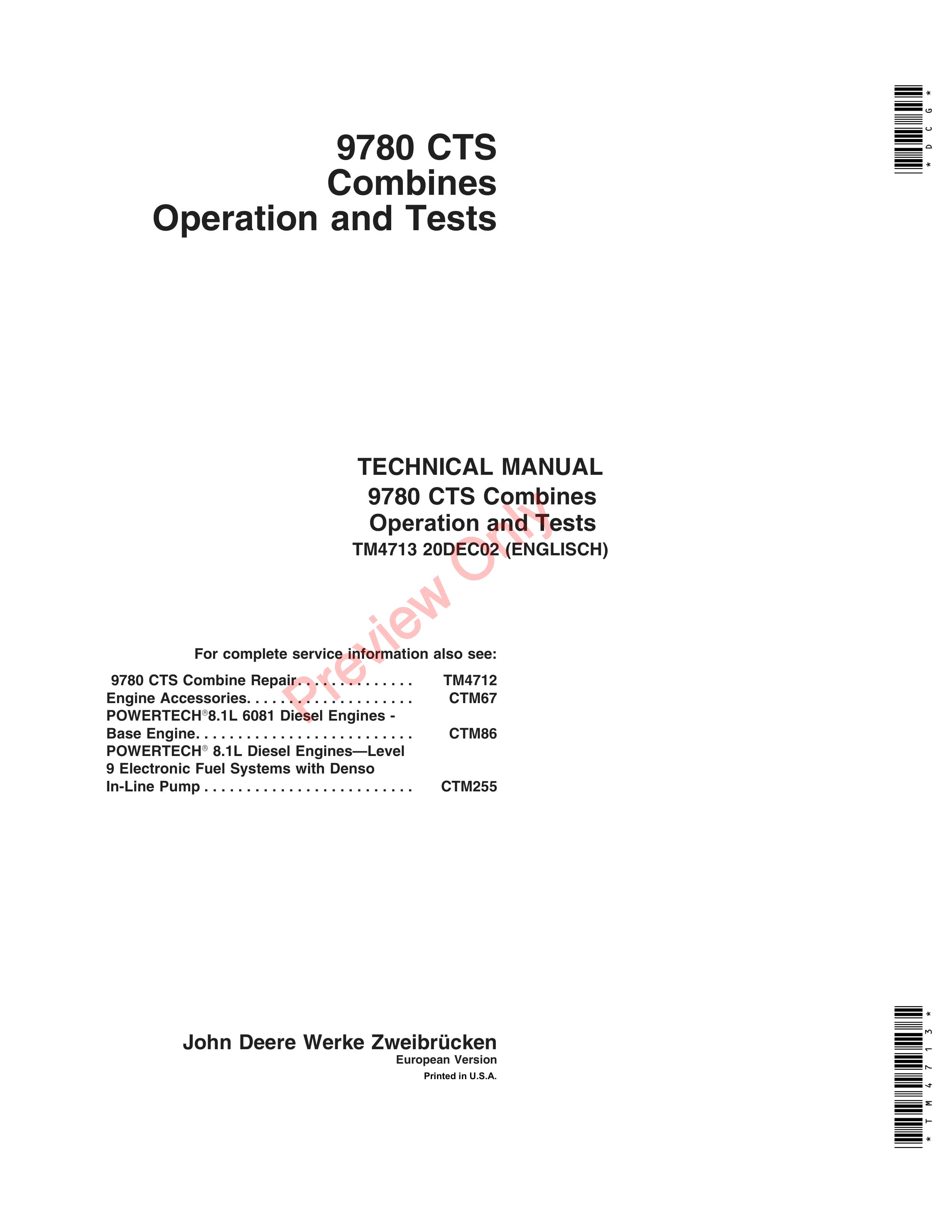 John Deere 9780 CTS Combines Technical Manual TM4713 20DEC02 1