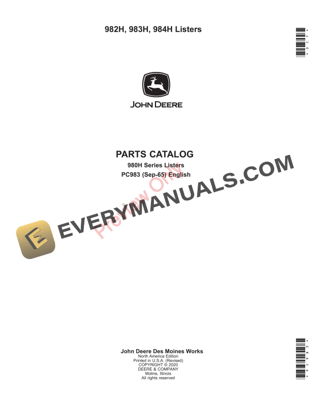 John Deere 982H, 983H, 984H (980H Series) Listers Parts Catalog PC983 01SEP65