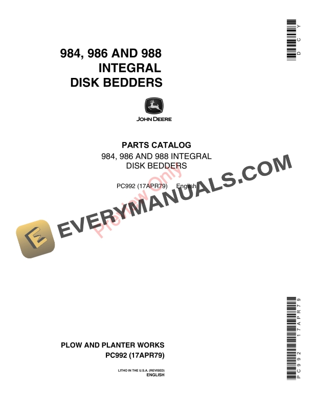 John Deere 984, 986 and 988 Integral Disk Bedders Parts Catalog PC992 17APR79