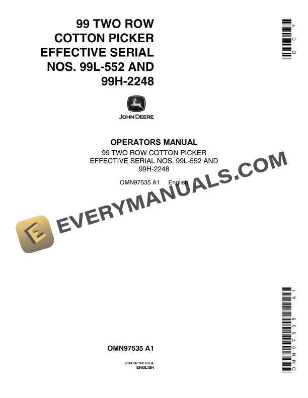 John Deere 99 TWO ROW COTTON PICKER Operator Manual OMN97535 1