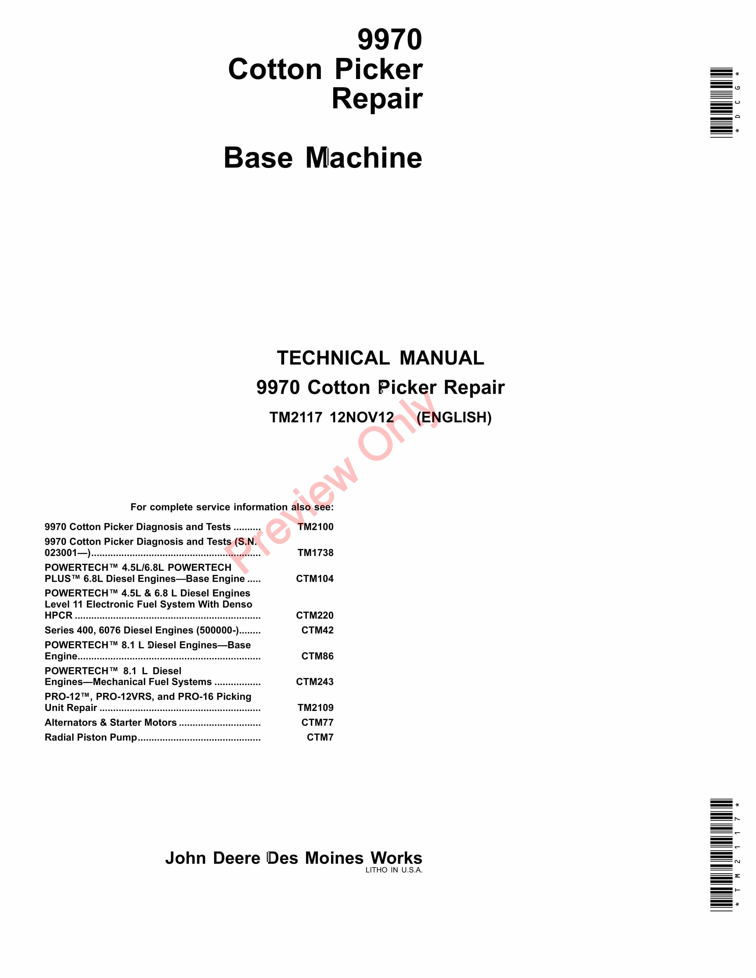 John Deere 9970 Cotton Picker Base Machine Technical Manual TM2117 12NOV12 1