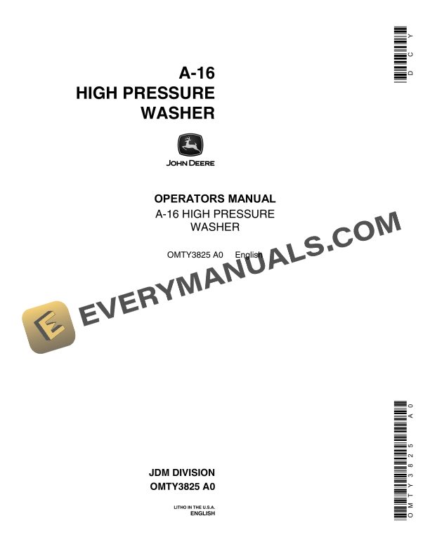 John Deere A-16 High Pressure Washer Operator Manual OMTY3825 2 John Deere A 16 HIGH PRESSURE WASHER Operator Manual OMTY3825 1
