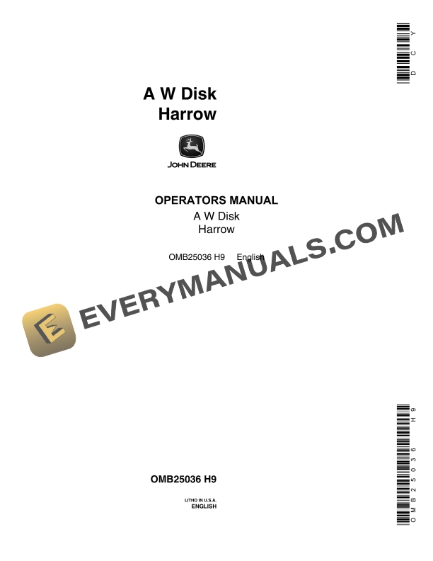 John Deere A W Disk Harrow Operator Manual OMB25036