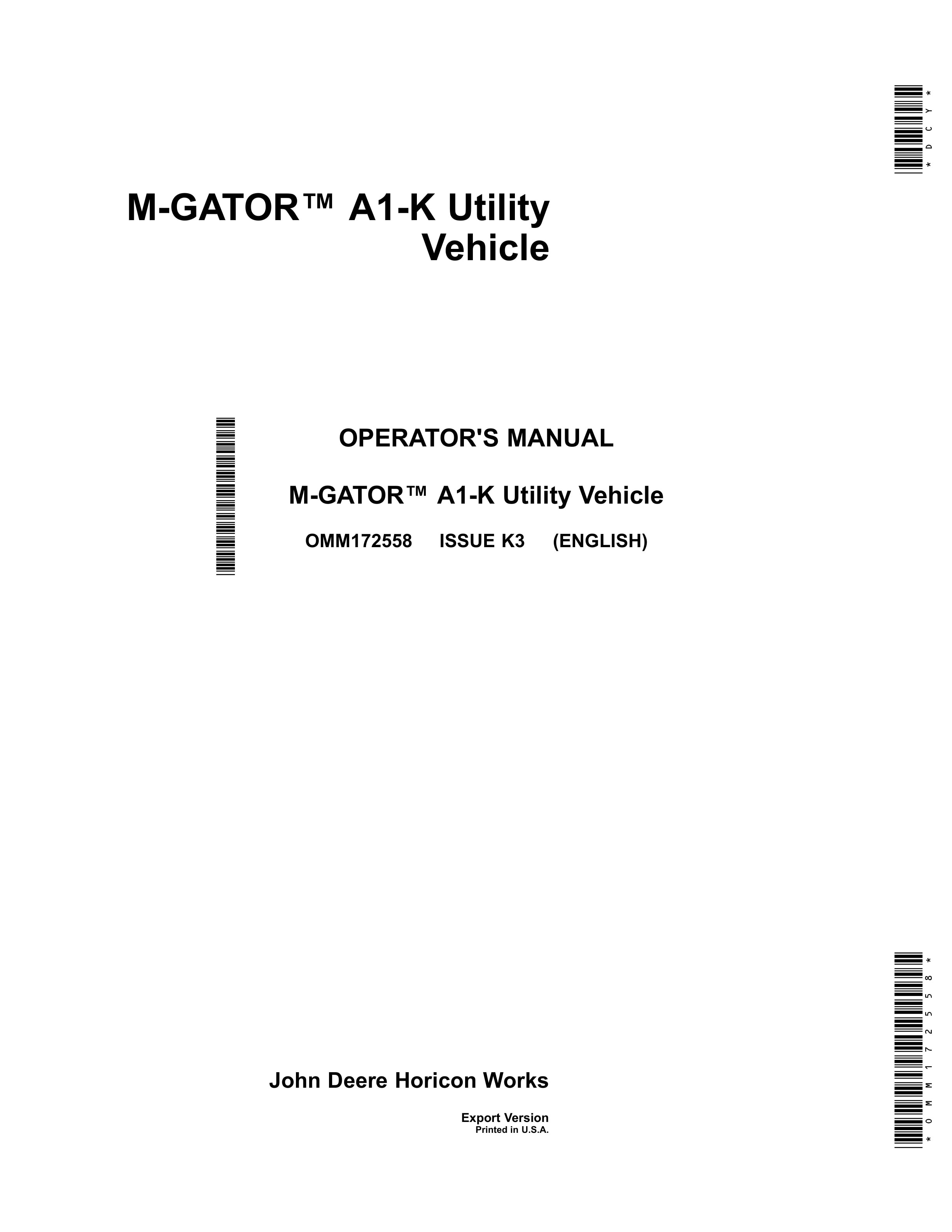 John Deere A1 K M GATOR Utility Vehicles Operator Manual OMM172558 1