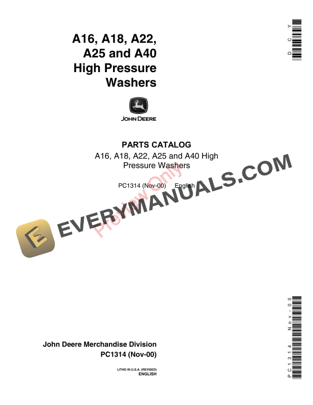 John Deere A16, A18, A22, A25, A40 High-Pressure Washers Parts Catalog PC1314 03NOV00