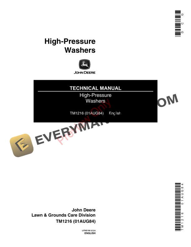 John Deere A16 A18 A22 A25 and A40 HIGH PRESSURE WASHER Technical Manual TM1216 01AUG84 1