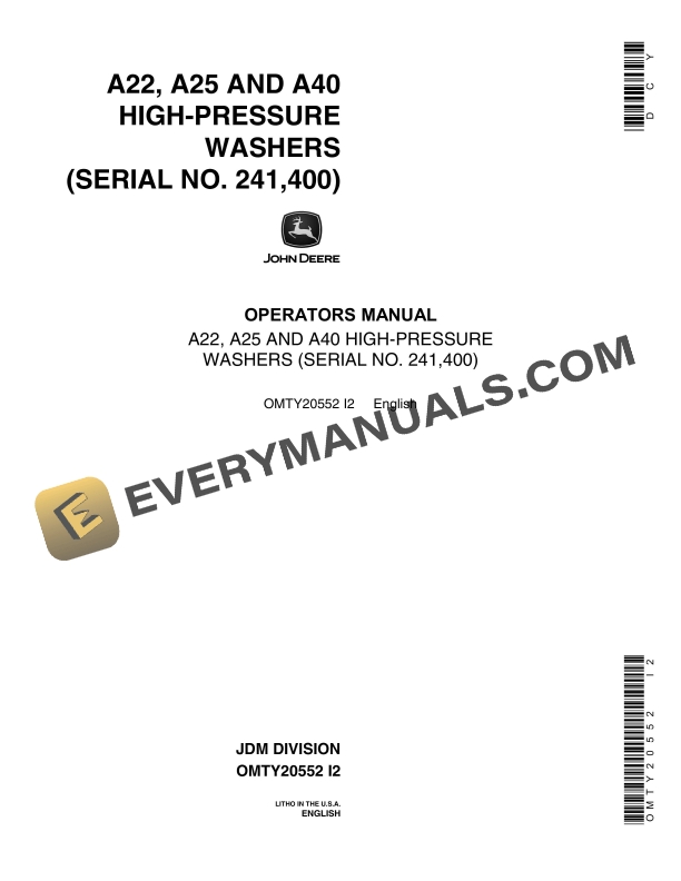 John Deere A22 A25 AND A40 HIGH PRESSURE WASHER Operator Manual OMTY20552 1