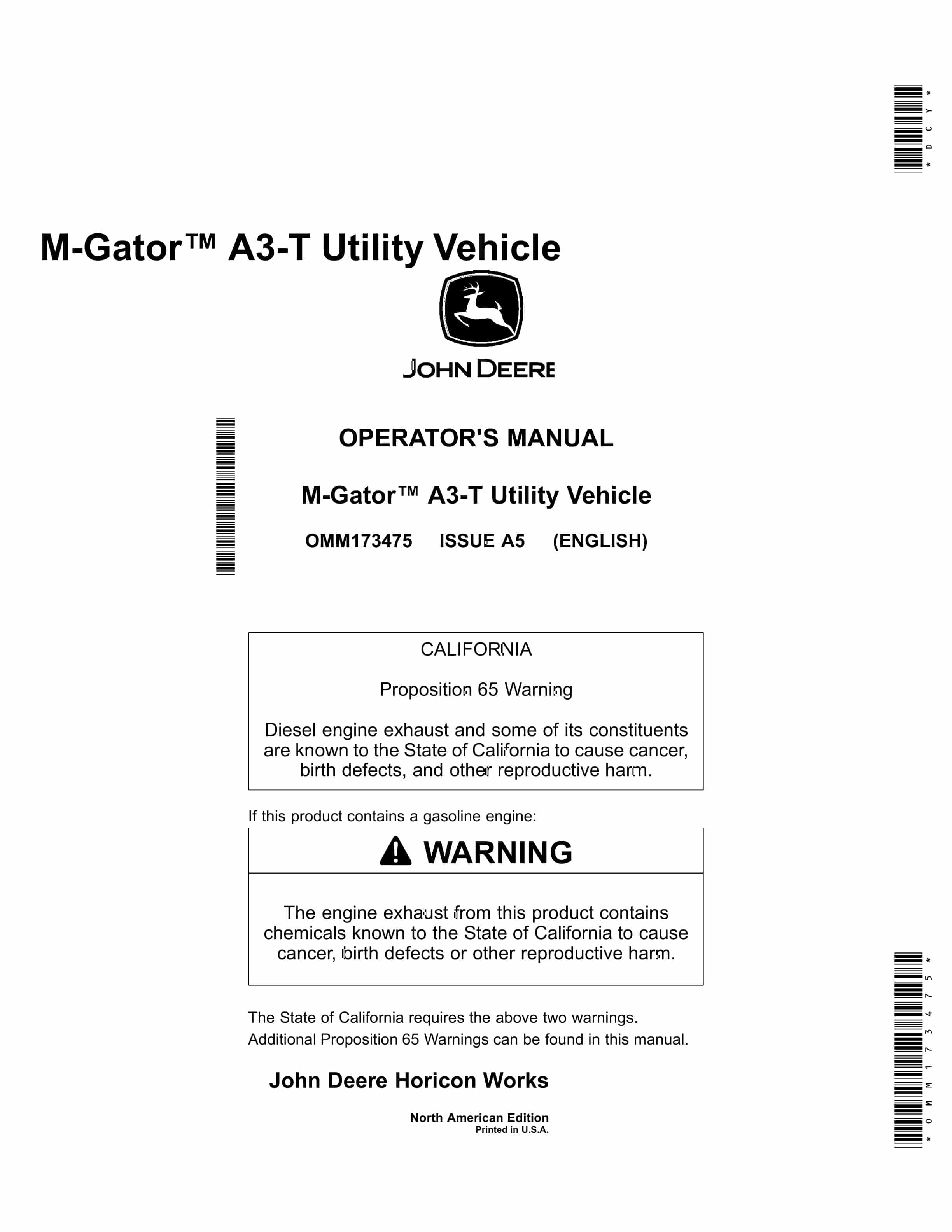 John Deere A3 T M Gator Utility Vehicles Operator Manual OMM173475 1