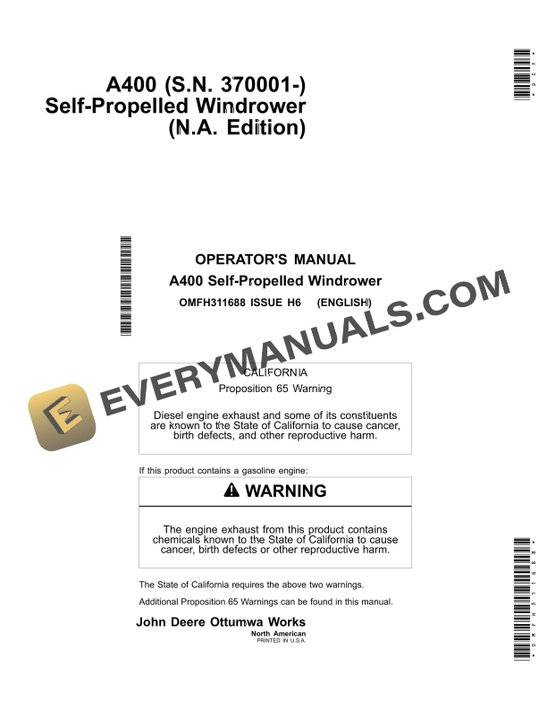 John Deere A400 Self-Propelled Windrower Operator Manual OMFH311688 3 John Deere A400 Self-Propelled Windrower Operator Manual OMFH311688