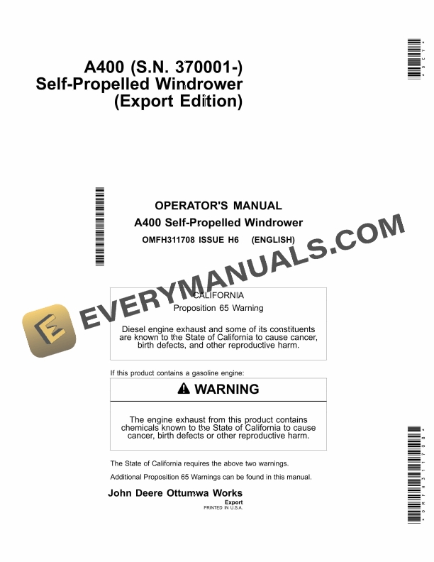 John Deere A400 Self-Propelled Windrower Operator Manual OMFH311708 1 John Deere A400 Self Propelled Windrower Operator Manual OMFH311708 1