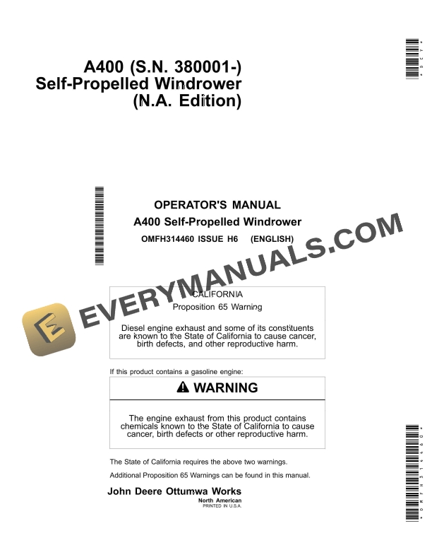John Deere A400 Self-Propelled Windrower Operator Manual OMFH314460 1 John Deere A400 Self Propelled Windrower Operator Manual OMFH314460 1