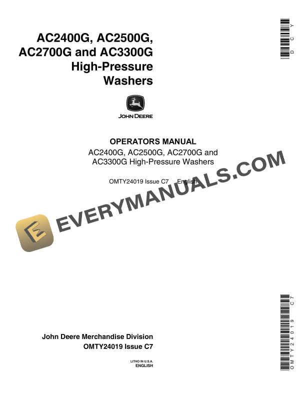 John Deere AC2400G AC2500G AC2700G and AC3300G High Pressure Washers Operator Manual OMTY24019 1