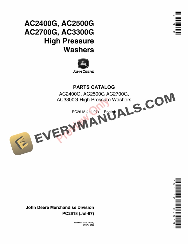 John Deere AC2400G, AC2500G, AC2700G and AC3300G High-Pressure Washers Parts Catalog PC2618 28JUL97