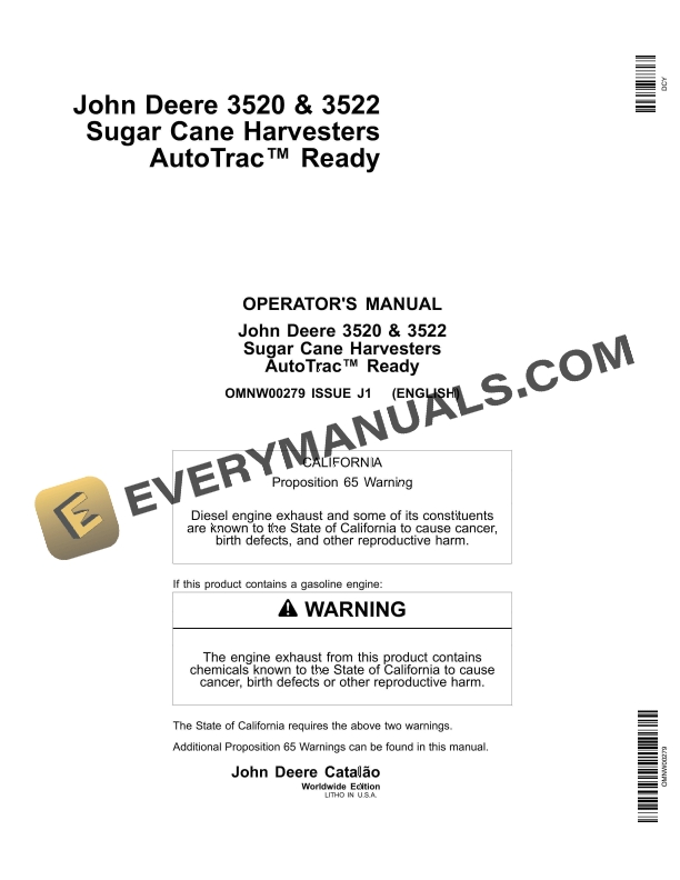John Deere AutoTrac Ready 3522 Sugar Cane Harvesters 3520 and 3522 Sugar Cane Harvesters Operator Manual OMNW00279 1