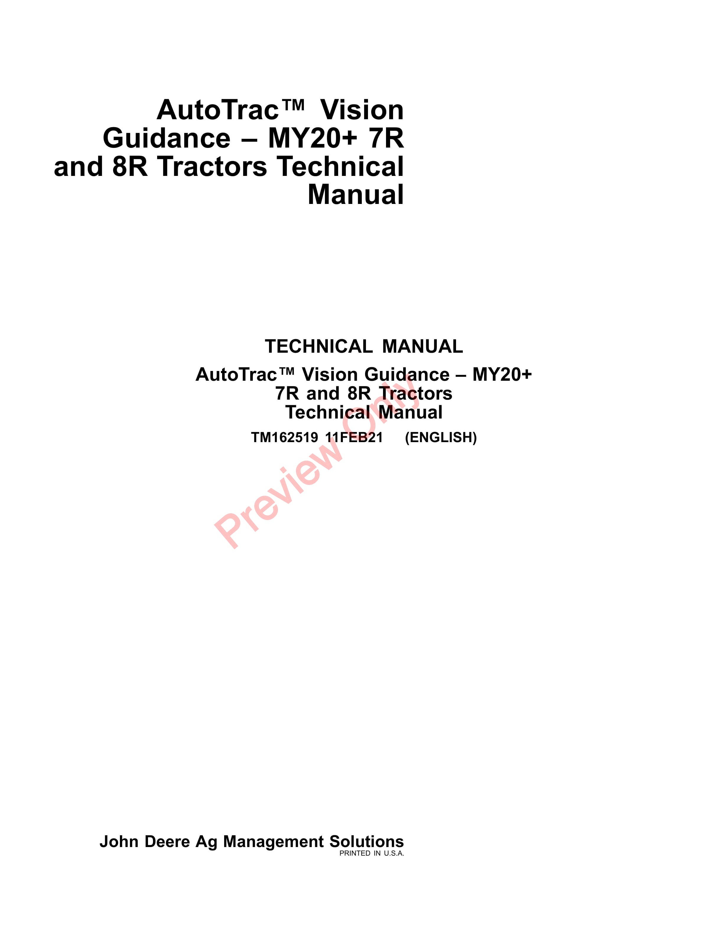 John Deere AutoTrac Vision Guidance 7R and 8R Tractors MY20 Technical Manual TM162519 11FEB21 1