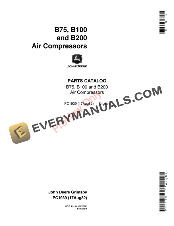 John Deere B100, B200, B75 Air Compressor Parts Catalog PC1939 17AUG82