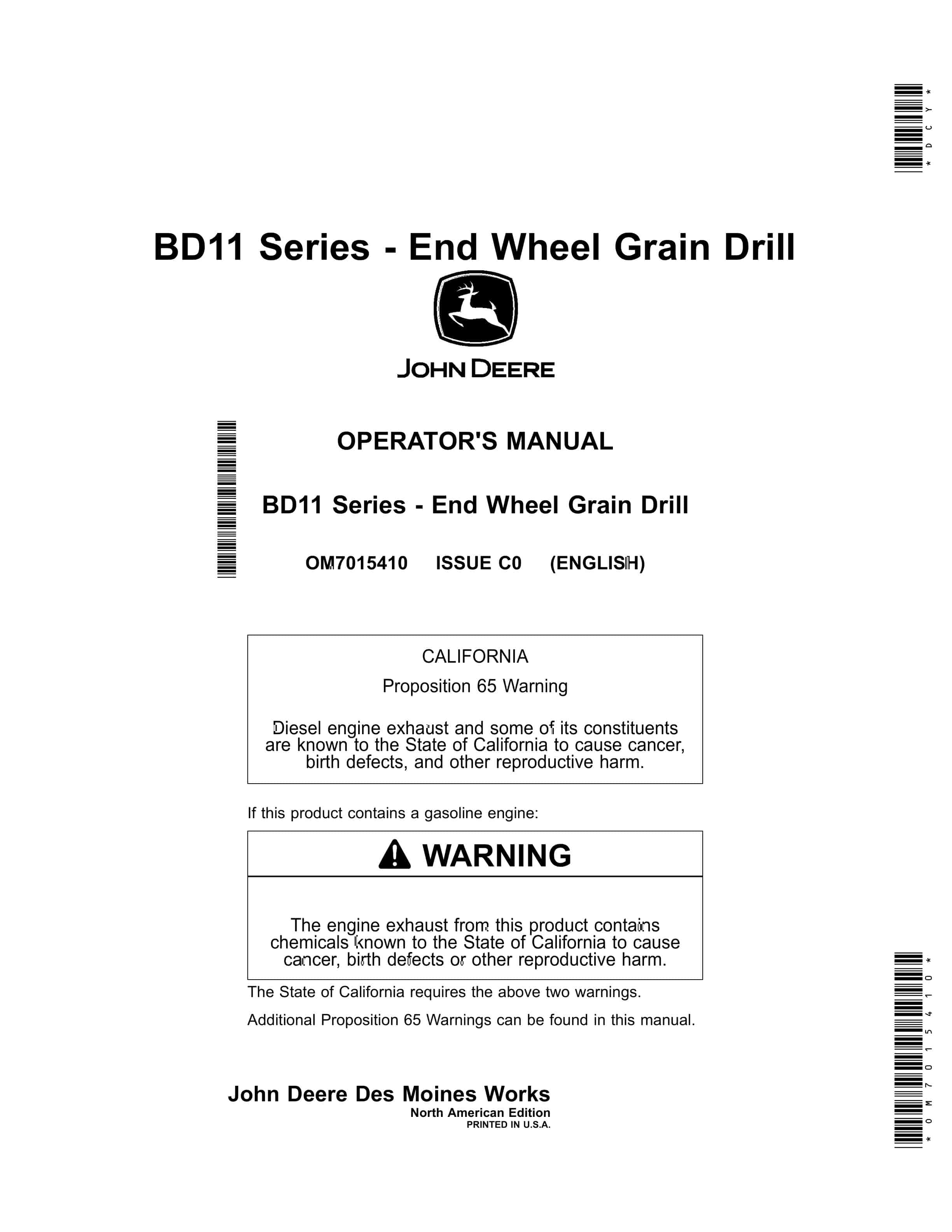 John Deere BD11 Series End Wheel Grain Drill Operator Manual OM7015410 1