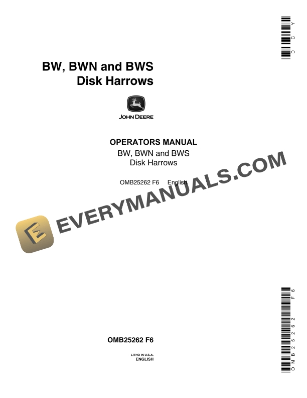 John Deere BW BWN and BWS Disk Harrow Operator Manual OMB25262 1