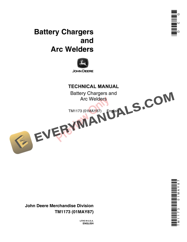 John Deere Battery Charger TY1337 TY1338 TY1339 TY1340 TY5103 TY5104 TY5105 TY5106 and TY5148 and Arc Welders TY4447 TY4448 TY4449 TY5101 TY5145 Technical Manual TM1173 01MAY87 1