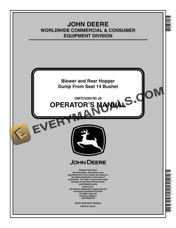 John Deere Blower and Rear Hopper Dump From Seat 14 Bushel Operator Manual OMTCU29193E 1