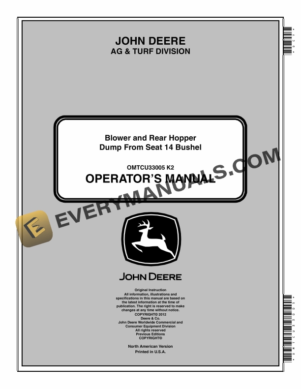 John Deere Blower and Rear Hopper Dump From Seat 14 Bushel Operator Manual OMTCU33005 1
