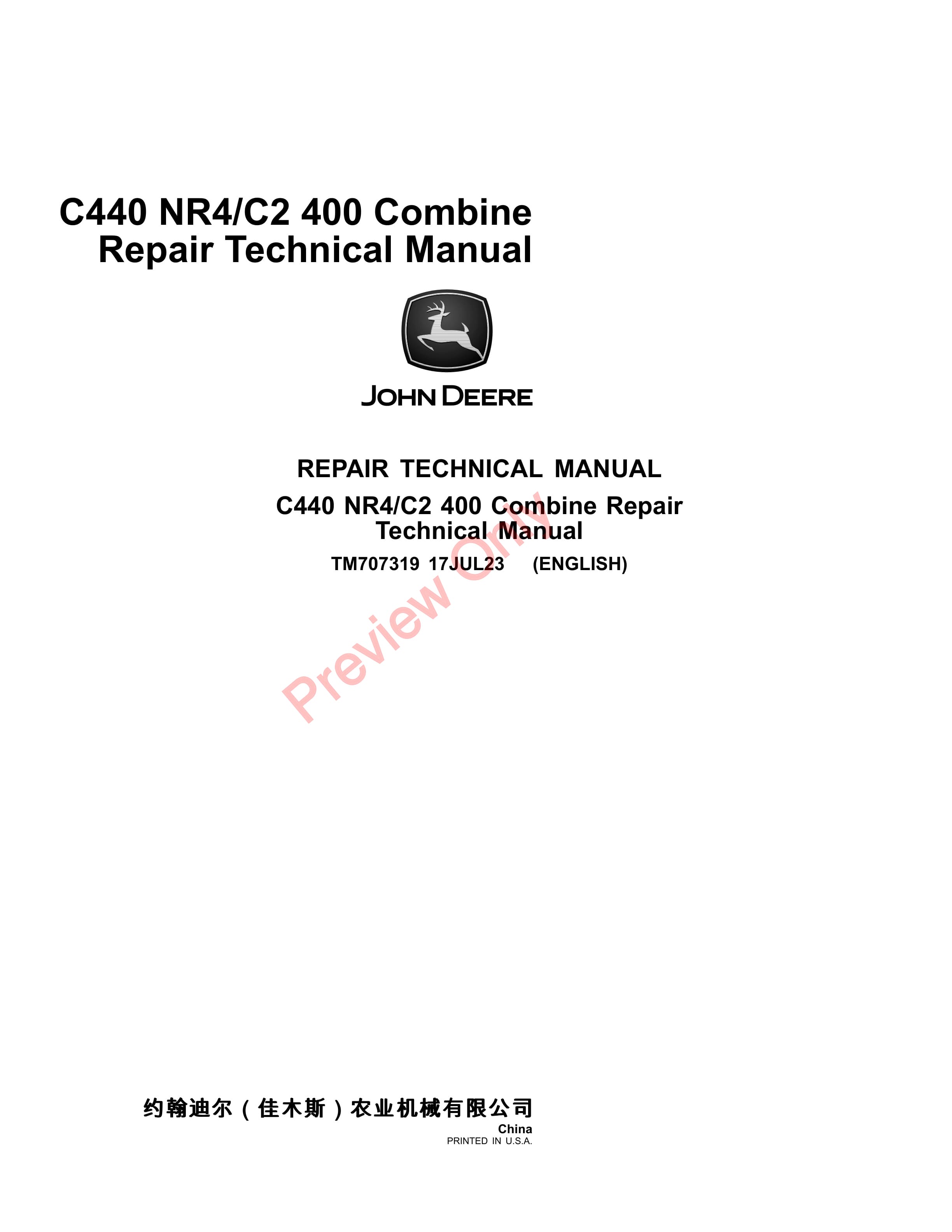 John Deere C440 NR4 Combine Repair Technical Manual TM707319 17JUL23 1