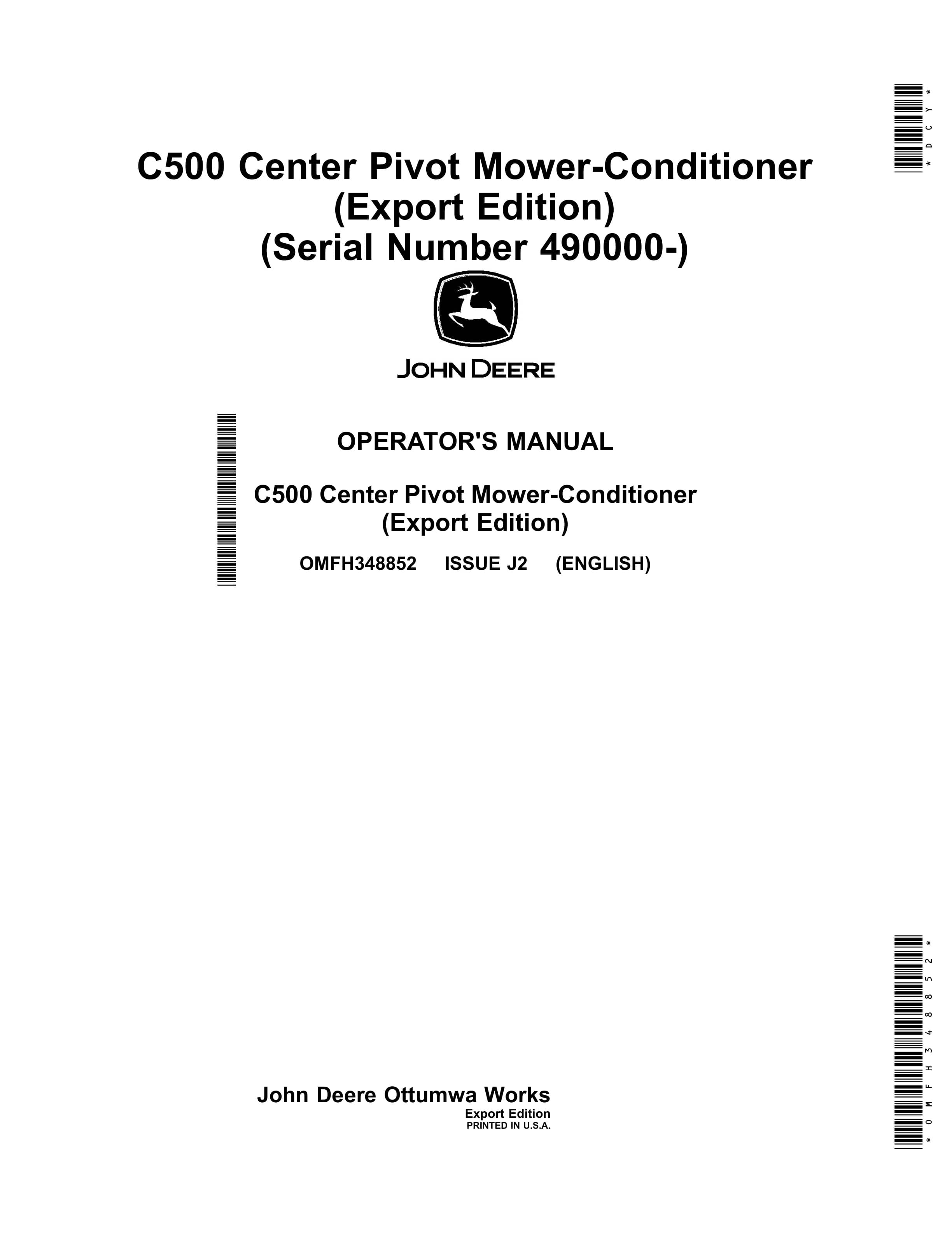 John Deere C500 Center Pivot Mower Conditioner Operator Manual OMFH348852 1
