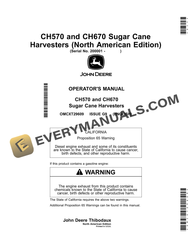 John Deere CH570 and CH670 Sugar Cane Harvesters Operator Manual OMCXT29609
