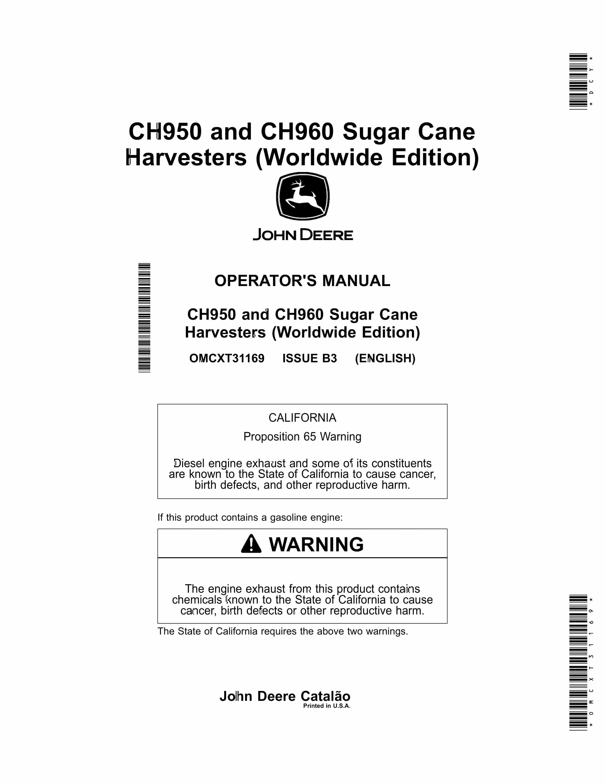 John Deere CH950 and CH960 Sugar Cane Harvesters Operator Manual OMCXT31169 1