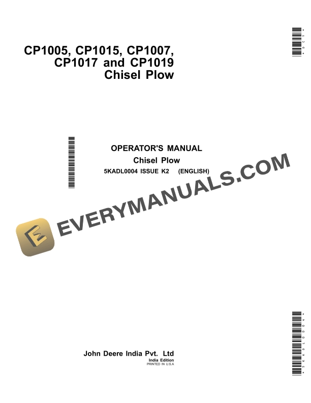 John Deere CP1005 CP1015 CP1007 CP1017 and CP1019 Chisel Plow Operator Manual 5KADL0004 1