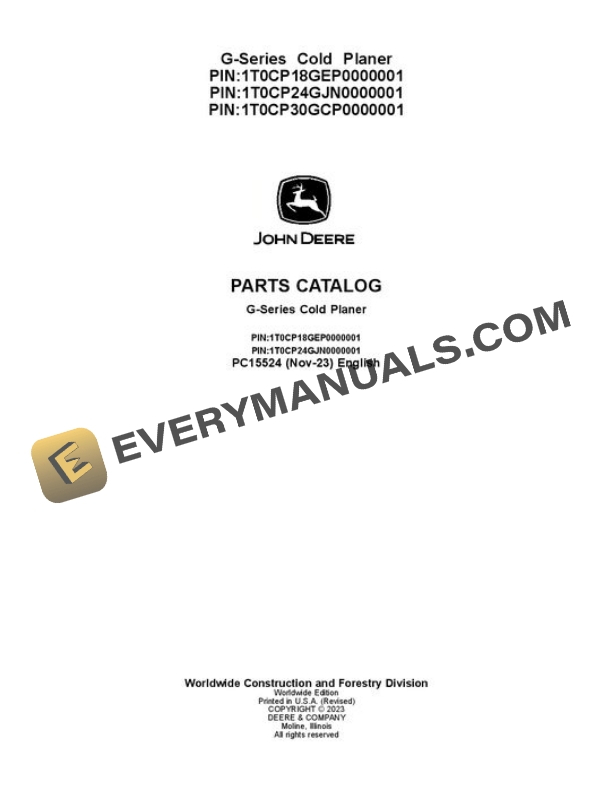 John Deere CP18G CP24G CP30G Cold Planers Parts Catalog PC15524
