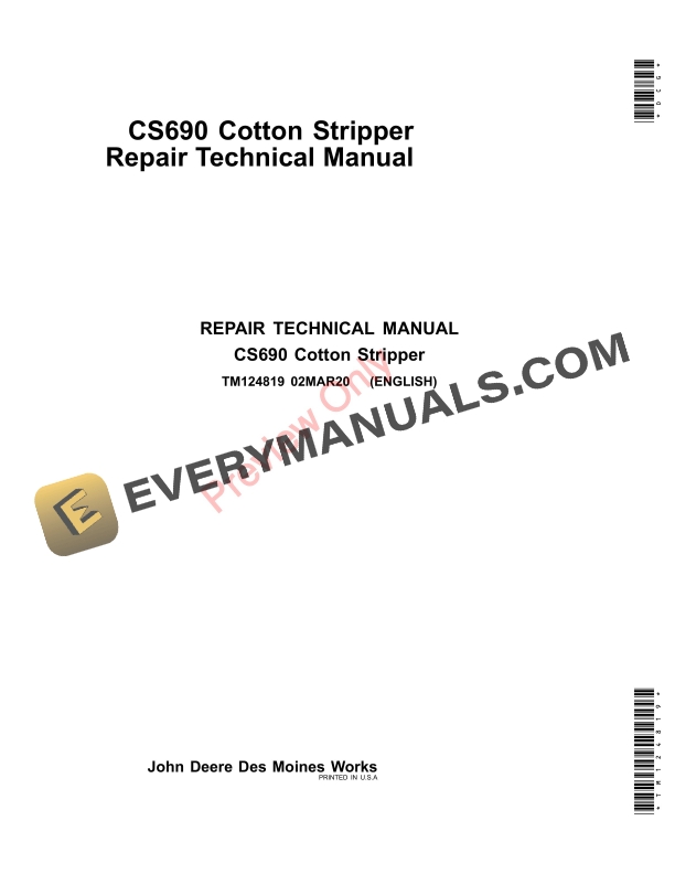 John Deere CS690 Cotton Stripper Repair Technical Manual TM124819 02MAR20