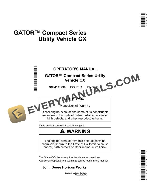 John Deere CX GATOR Compact Series Utility Vehicles Operator Manual OMM171439 1