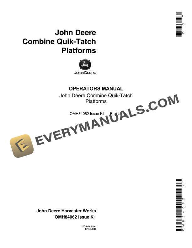 John Deere Combine Quik-Tatch Platform Operator Manual OMH84062