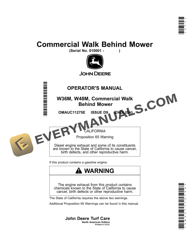 John Deere W36M, W48M Commercial Walk Behind Mower Operator Manual OMAUC11275E