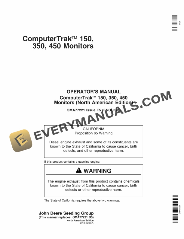 John Deere ComputerTrak 150 350 450 Monitors Operator Manual OMA77221 1